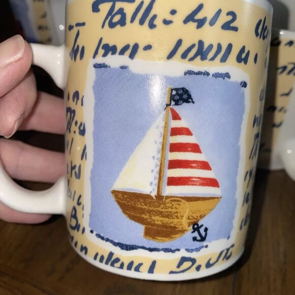 Thompson Pottery Coffee Mugs Nautical Lighthouse Sailboats Red White Blue Used - Picture 3 of 5